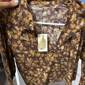 Doen shirt brown cotton floral button down nwt